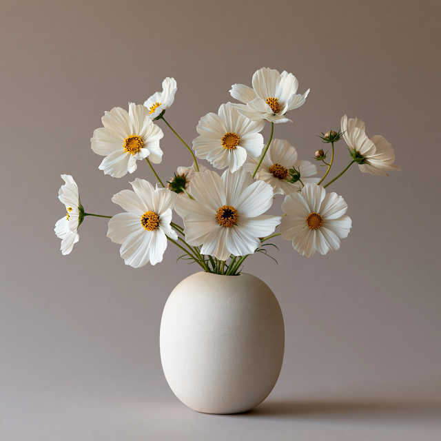 Minimalist White Cosmos Flowers in Organic Vase