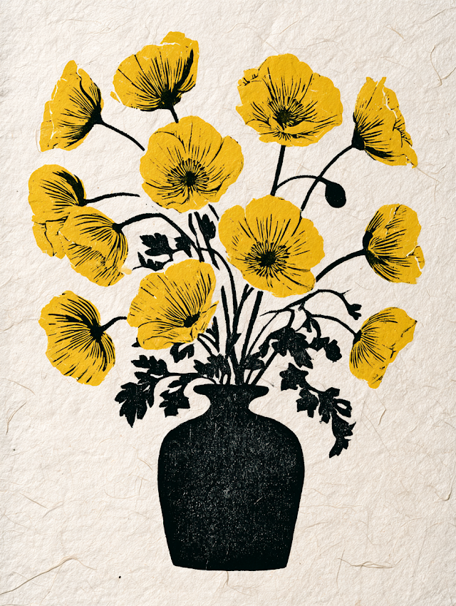 Minimalist Yellow Poppy Bouquet in Black Vase