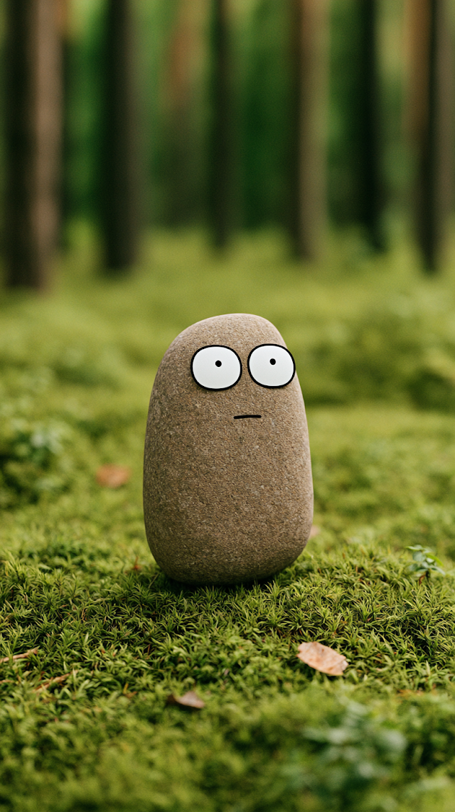 Minimalistic Stone Character in Lush Green Forest
