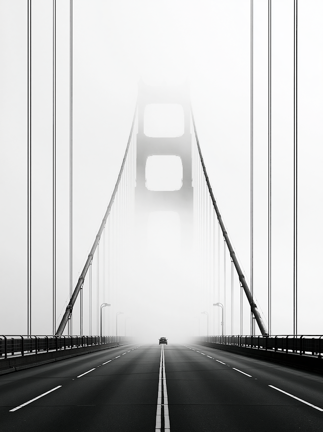 Misty Suspension Bridge in Black and White