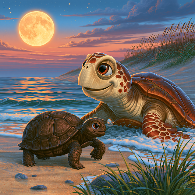 Moonlit Encounter: Cute Loggerhead Turtle Meets Gopher Tortoise