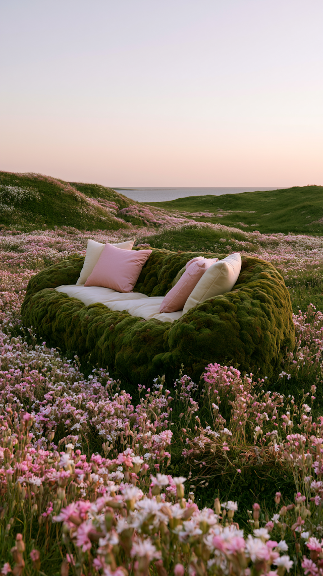 Moss-Covered Outdoor Sofa in Blooming Wildflower Field
