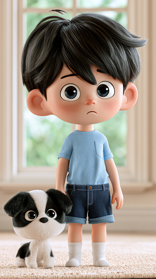 Nervous Boy with Dog in Bright Living Room