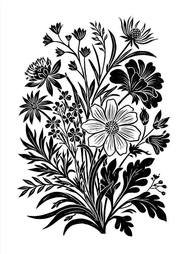 New England Wildflower Block Print Art