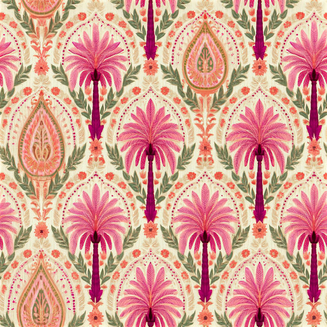 Ornamental Palm Trees and Paisley Fabric Pattern