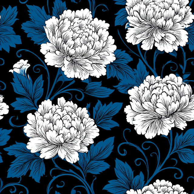 Ornate Peony Floral Pattern on Black
