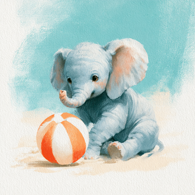 Playful Baby Elephant with Beach Ball