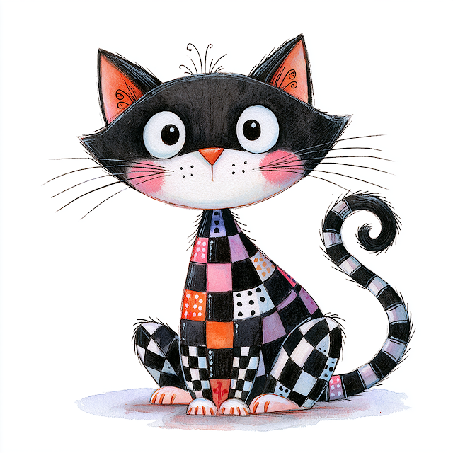 Playful Checkerboard Cat Illustration