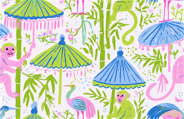 Playful Chinoiserie Monkeys with Pagoda Umbrellas