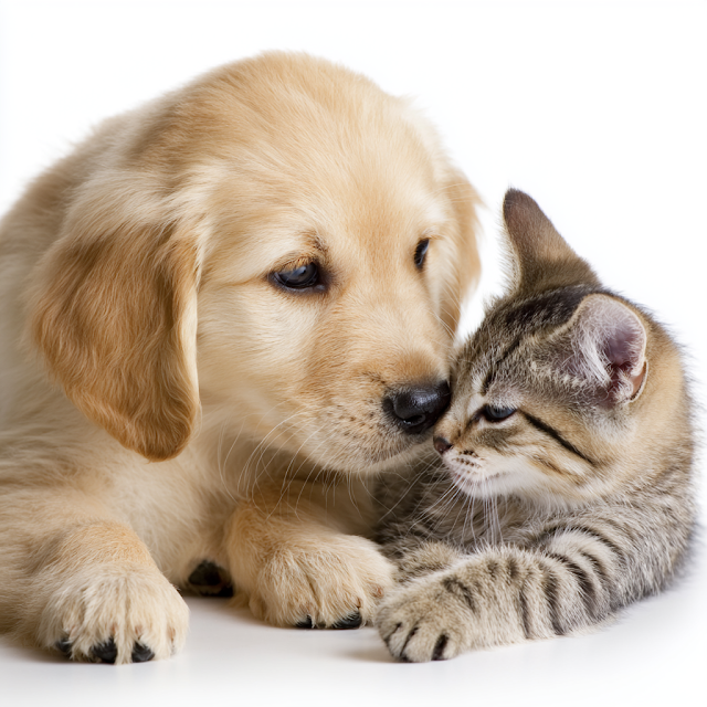 Playful Golden Retriever Puppy and Tabby Kitten on White Background