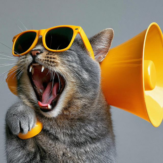 Playful Gray Tabby Cat With Yellow Sunglasses and Megaphone