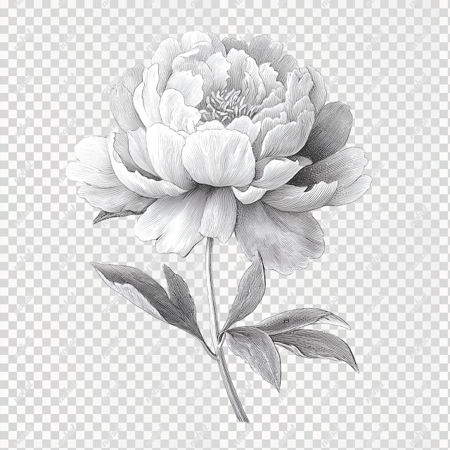 PNG Black and White Peony Flower Illustration