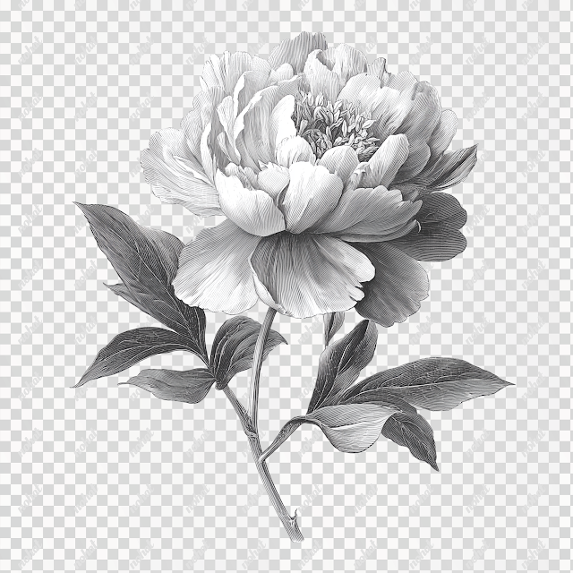 PNG Black and White Peony Illustration
