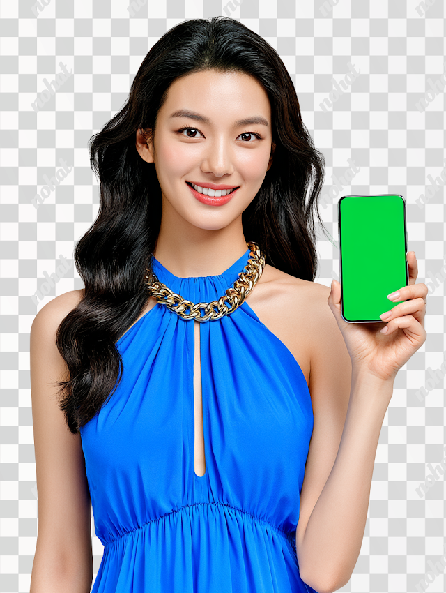 PNG Cheerful Young Korean Woman Holding Smartphone with Green Screen