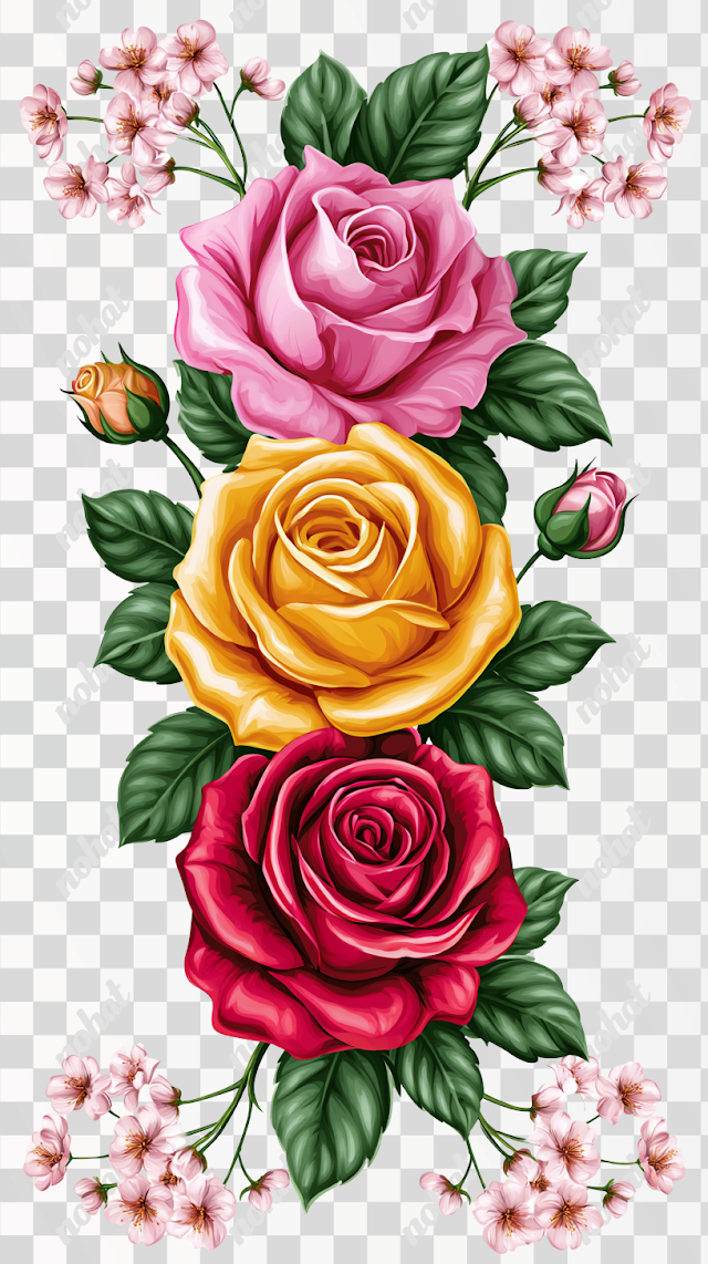 PNG Colorful Vertical Floral Illustration with Roses and Cherry Blossoms