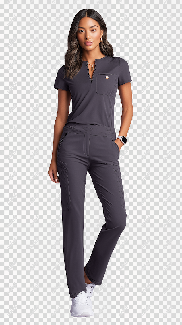 PNG Confident Latina Woman in Gray Medical Scrubs