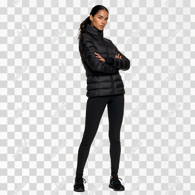 PNG Glamorous Young Female US Exec in Black Winter Running Gear