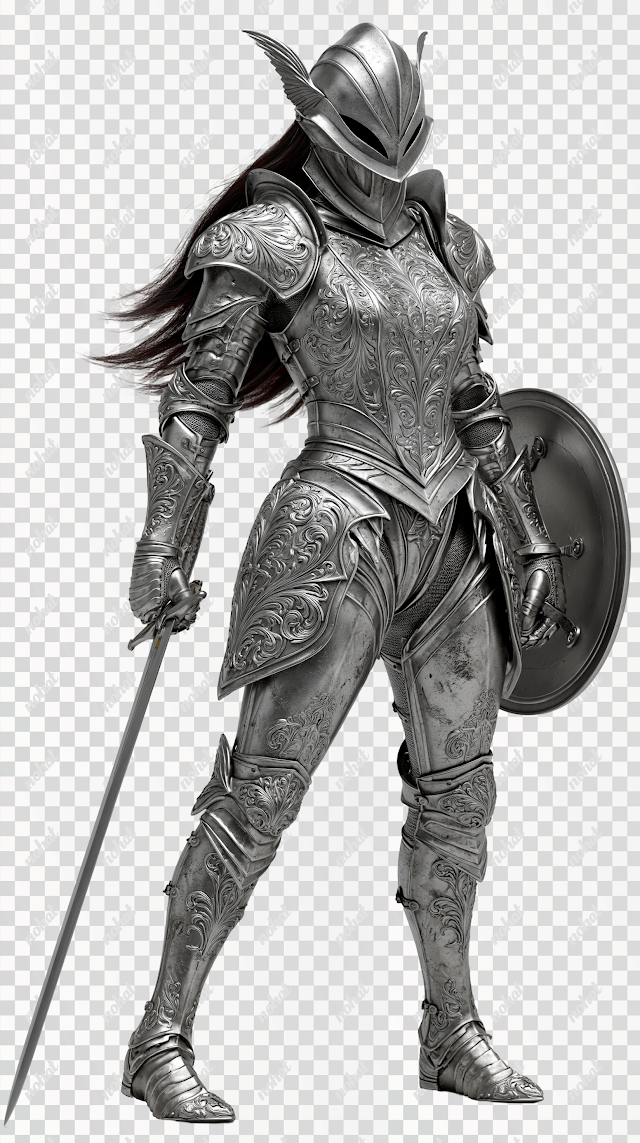 PNG Imposing Female Medieval Knight in Ornate Silver Armor