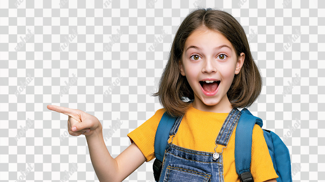 PNG Joyful Girl Pointing in Denim Overalls