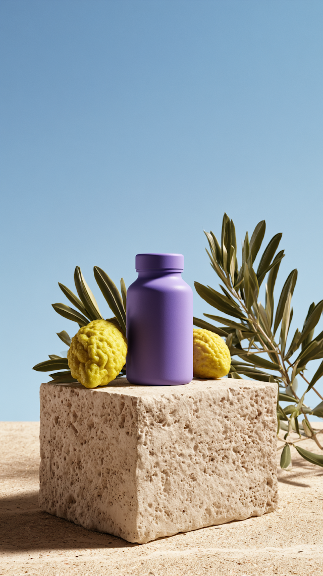 Premium Purple Supplement Bottle on Natural Pedestal