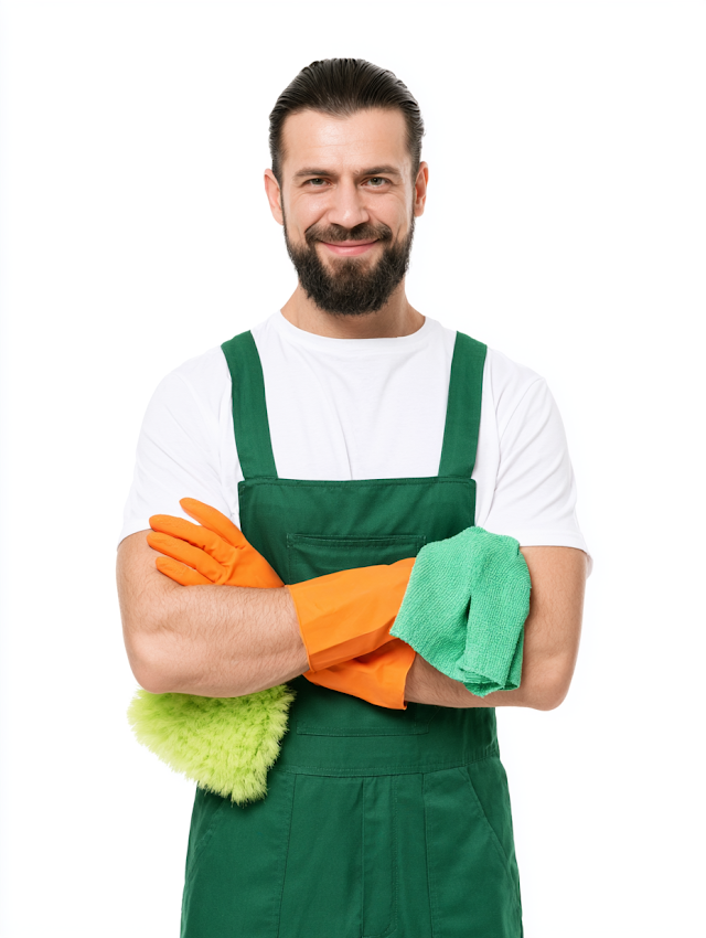Professional Male Cleaner with Tools in Studio Portrait