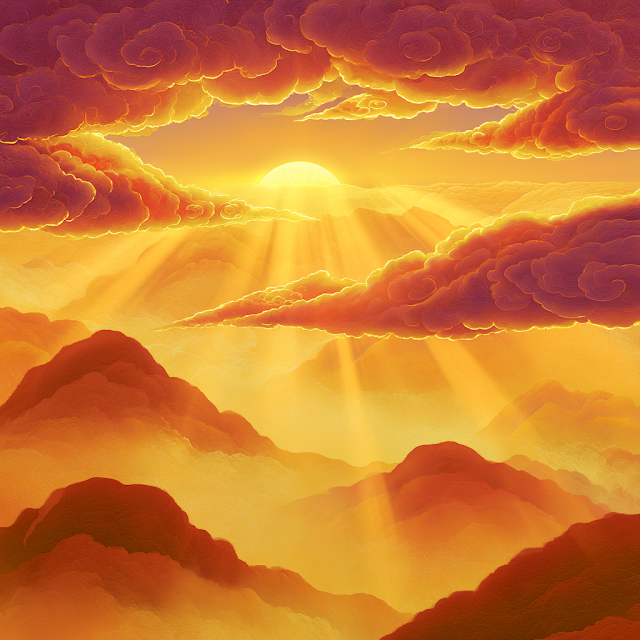 Radiant Morning Sunrise over Dragon-Shaped Mountains