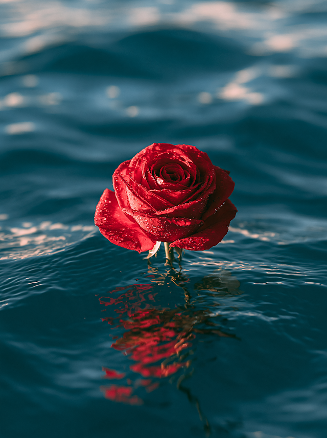 Red Rose Floating on Blue Ocean Water