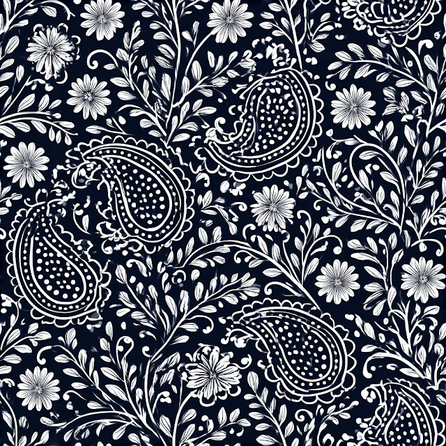 Seamless Floral Paisley Pattern on Navy Blue