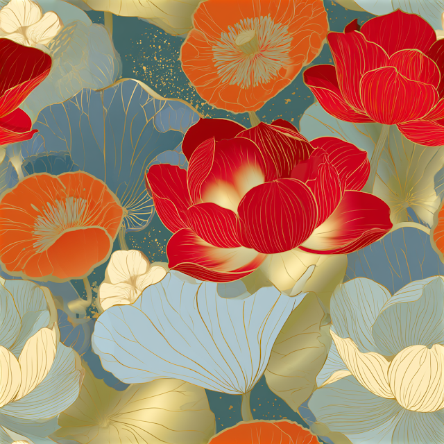 Seamless Ornamental Floral Pattern with Lotus and Lilies