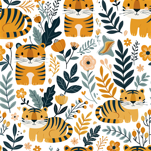 Seamless Tiger Pattern with Floral Elements