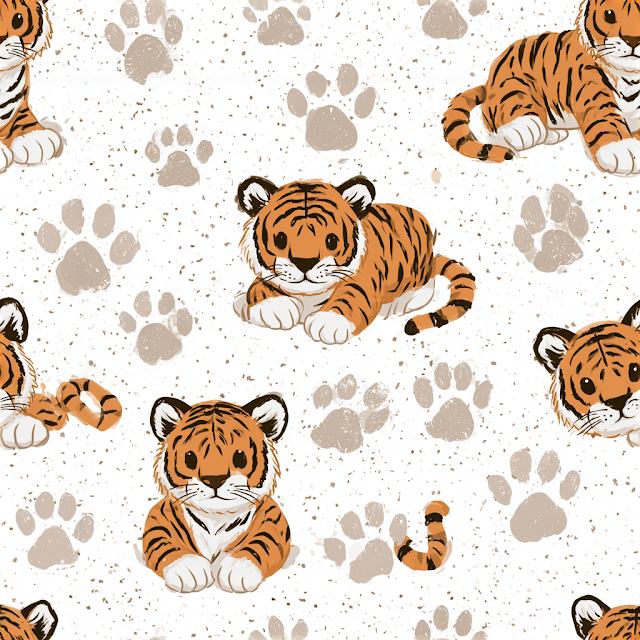 Seamless Tiger Pattern with Paw Prints
