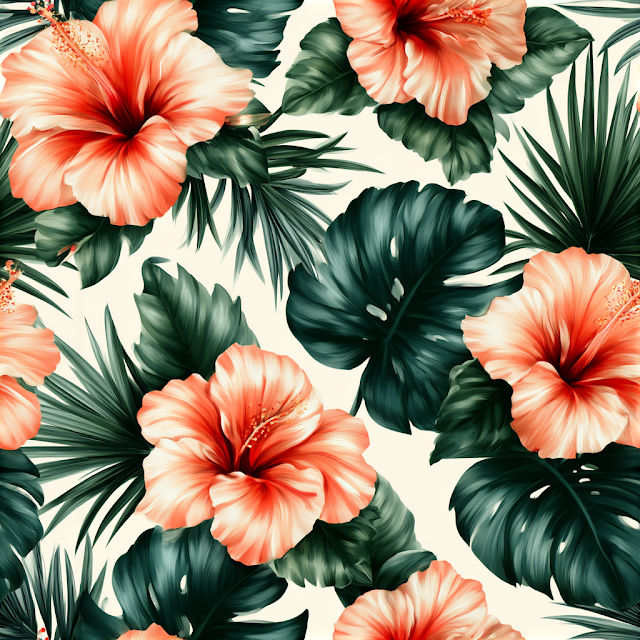 Seamless Tropical Hibiscus and Monstera Pattern
