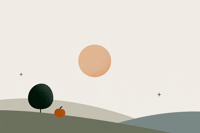 Serene Autumn Landscape with Moon and Pumpkin