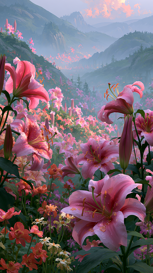 Serene Garden of Giant Pink Lilies and Majestic Mountains