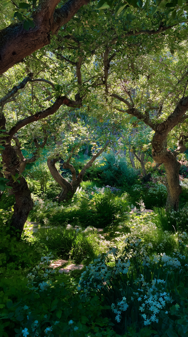 Serene Green Garden with Apple Trees