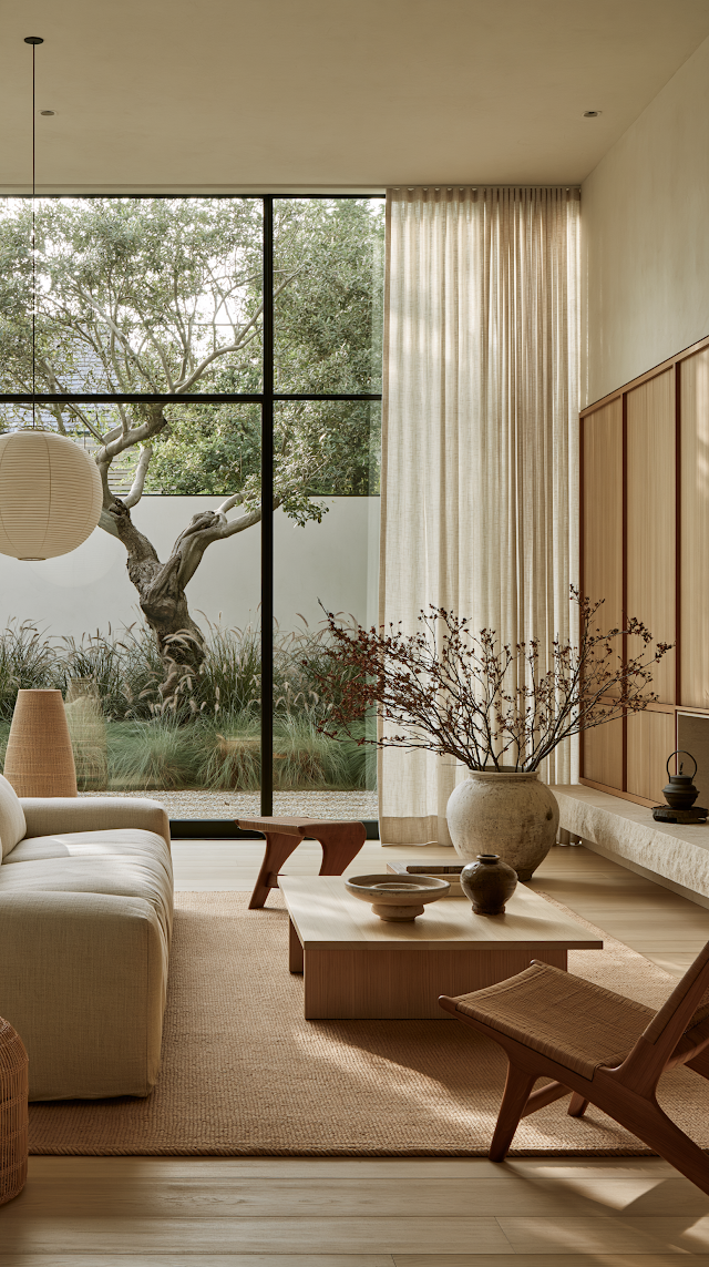 Serene Japandi Living Room in Contemporary Houston Home