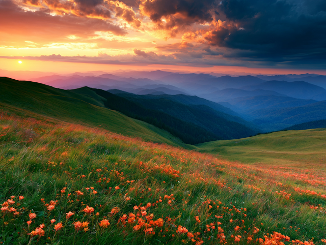 Serene Mountain Meadow at Sunset