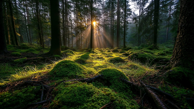 Serene Old-Growth Conifer Forest at Sunrise