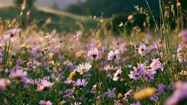 Serene Spring Wildflower Meadow at Golden Hour