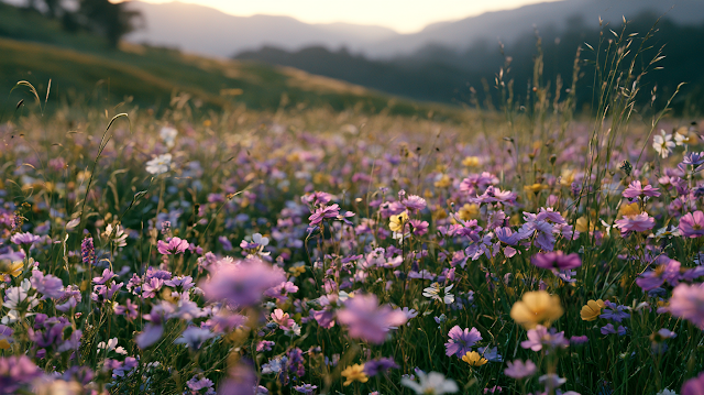 Serene Spring Wildflower Meadow at Golden Hour