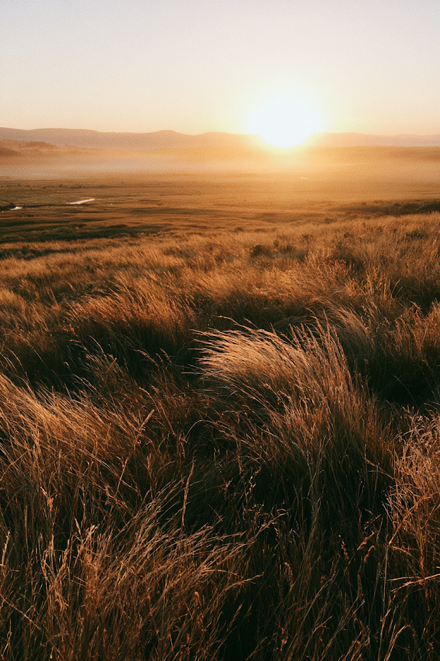 Serene Sunrise Over Windblown Grassland