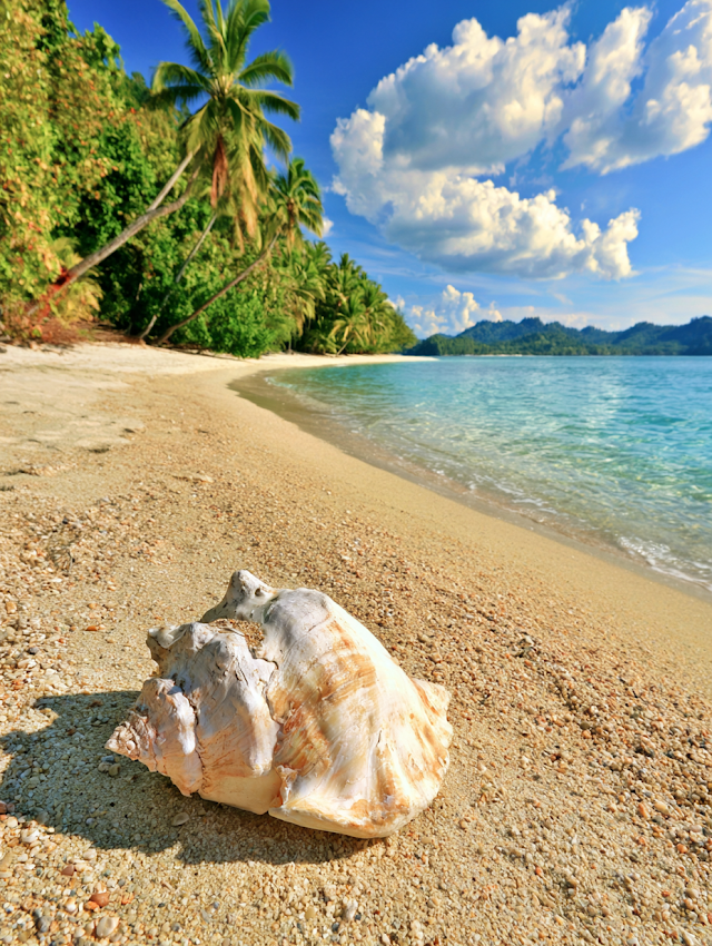Serene Tropical Beach with Conch Shell