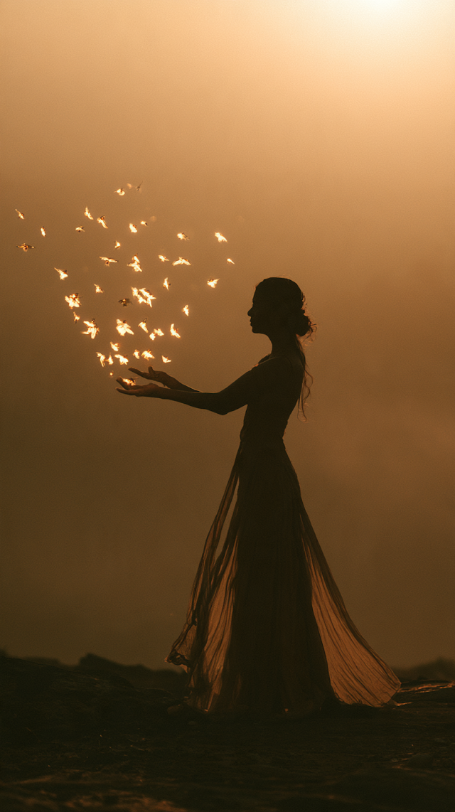 Serene Woman Silhouette Releasing Glowing Birds at Sunrise