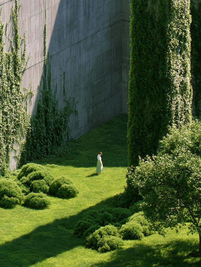 Serenity in Nature: A Woman Amidst Greenery and Concrete