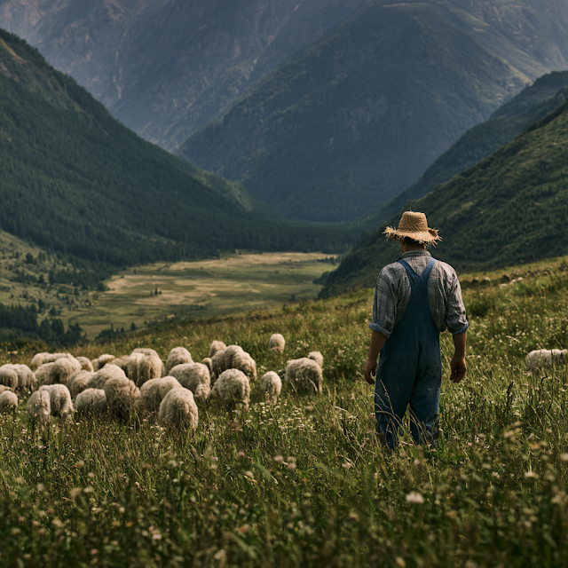Shepherd Herding Sheep in a Mountain Valley