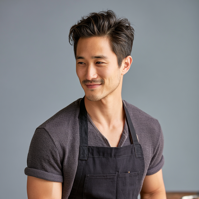 Smiling Asian Man in Apron