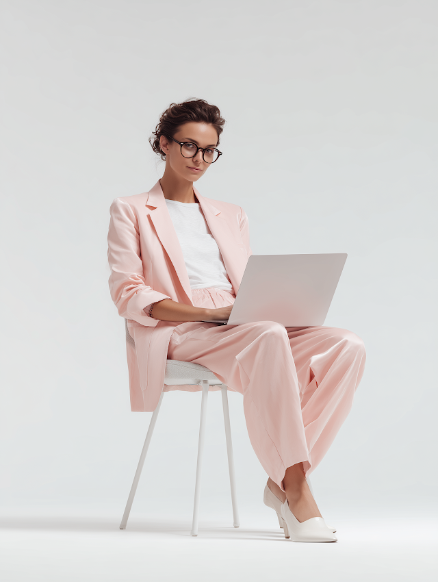 Smiling Businesswoman in Pink Suit Working on Laptop