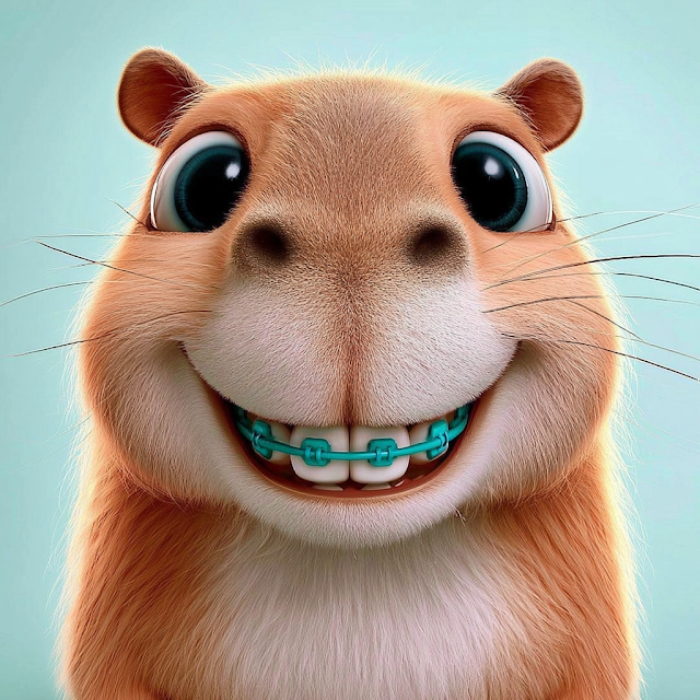 Smiling Capybara-Like Rodent with Orthodontic Braces
