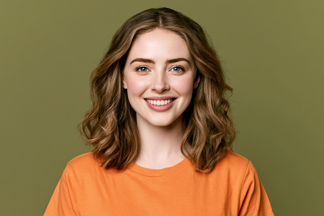 Smiling Young Woman Portrait in Bright Orange T-Shirt