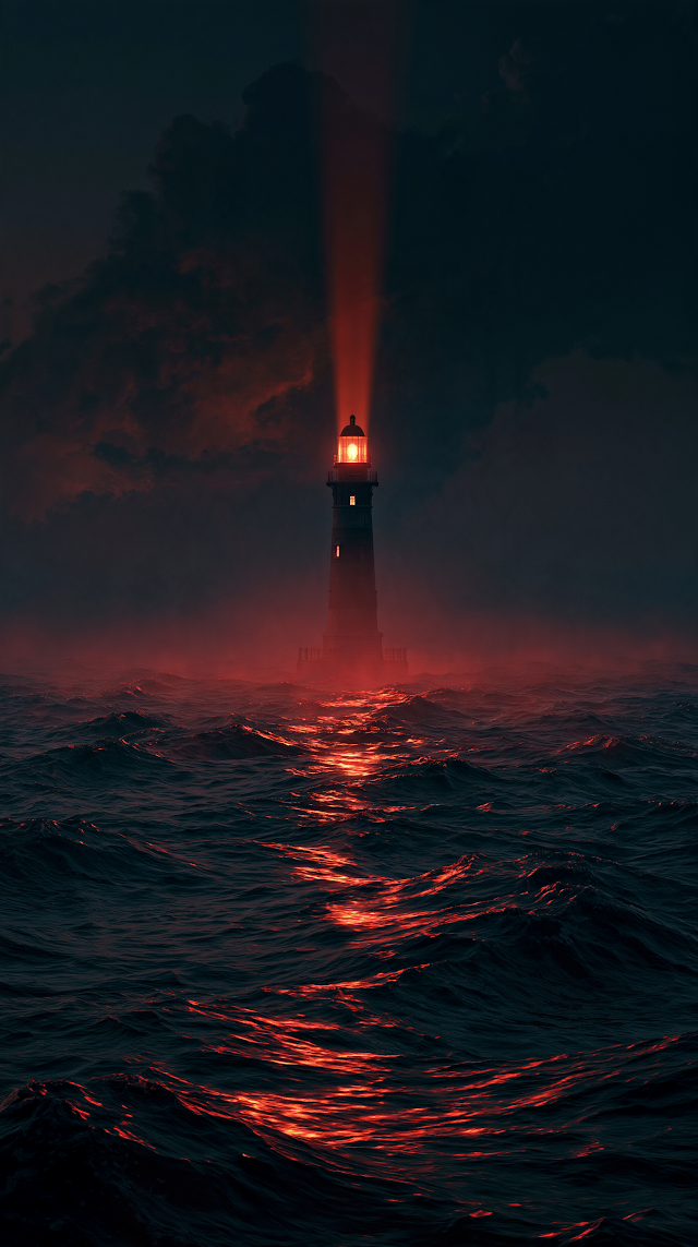 Solitary Lighthouse in a Stormy Midnight Ocean